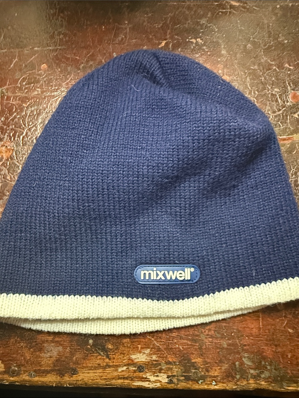 Vintage old school DJ Brand Mixwell Navy and Cream Knit Beanie